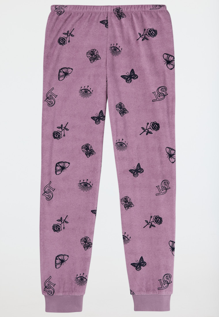 Schlafanzig lang Frottee Bündchen Schmetterlinge mauve - Nightwear