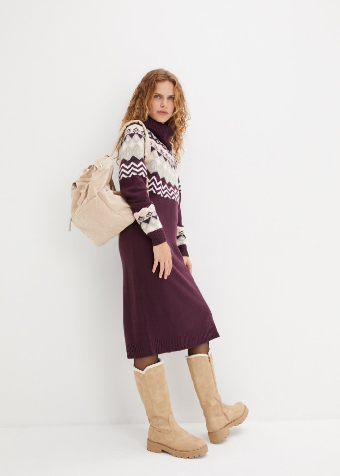 Strickkleid mit Norwegermuster und weitem Rollkragen, kniebedeckend