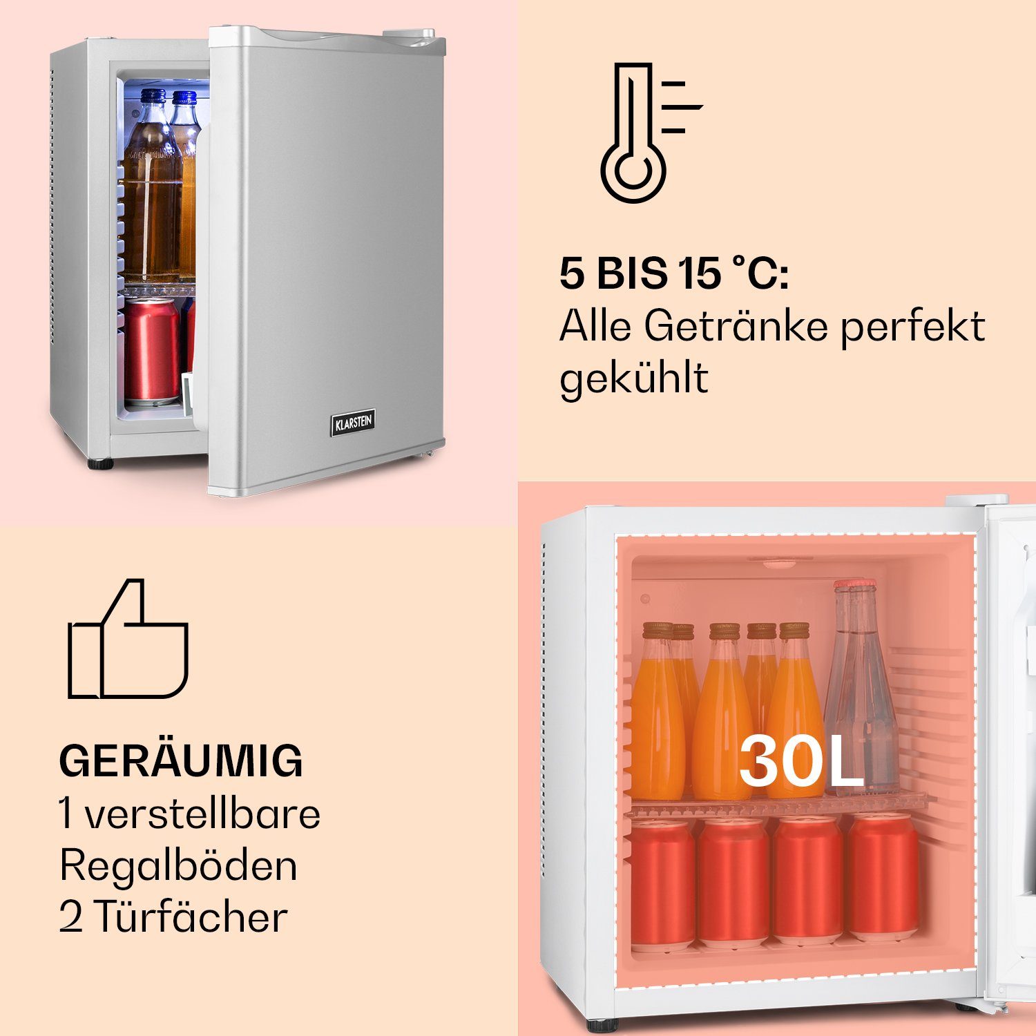 Klarstein Table Top Kühlschrank HEA-HappyHour-24Slb 10035242A, 47 cm hoch, 38 cm breit, Hausbar Minikühlschrank ohne Gefrierfach Getränkekühlschrank klein