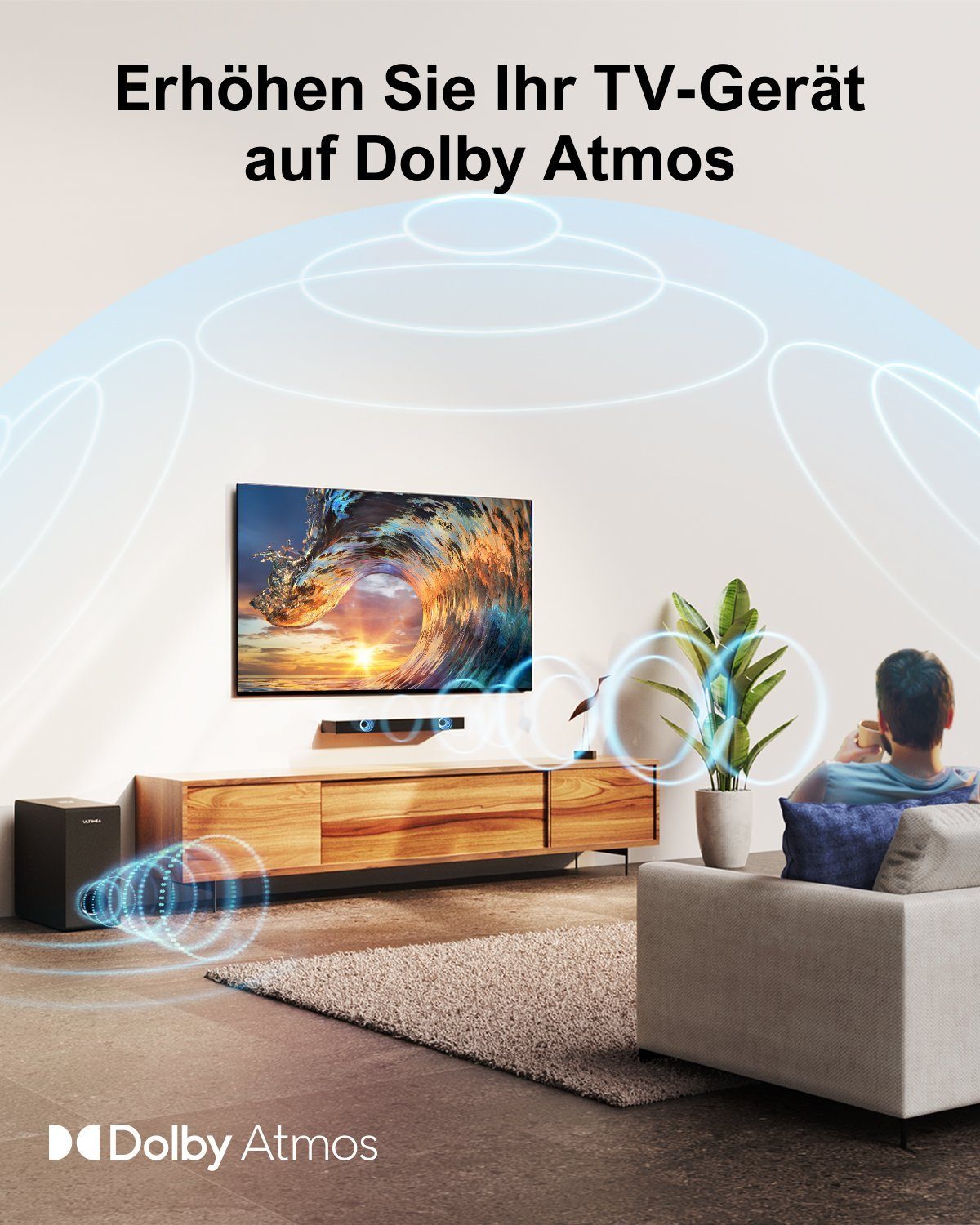 Ultimea Nova S50 2.1 Dolby Atmos Soundbar (190 W, Dolby Atmos, Verbesserter Bass TV Lautsprecher, 3D Surround, HDMI eARC)