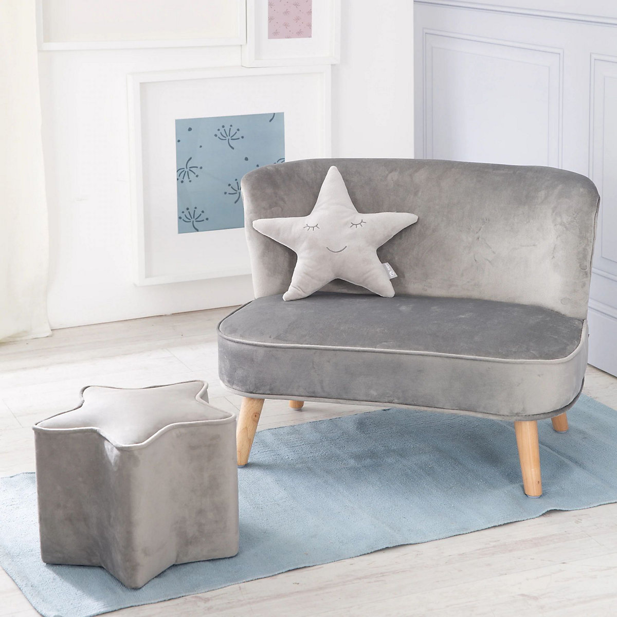 Bundle Lil Sofa - 1x Kindersofa groß, 1x Kinderhocker und 1x Dekokissen in Sternenform silbergrau