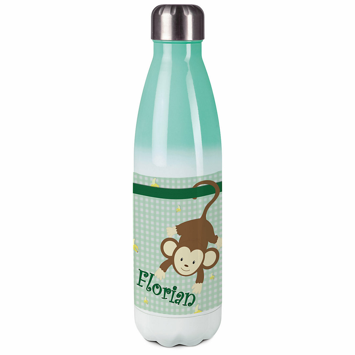 Edelstahl Kinder Thermoflasche / Trinkflasche bunt Affe hängend Farbe grün Spülmaschinenfest, Auslaufsicher, Bruchfest, Doppelwandig, Für Heißgetränke geeignet, Mit Deckel, Isoliert