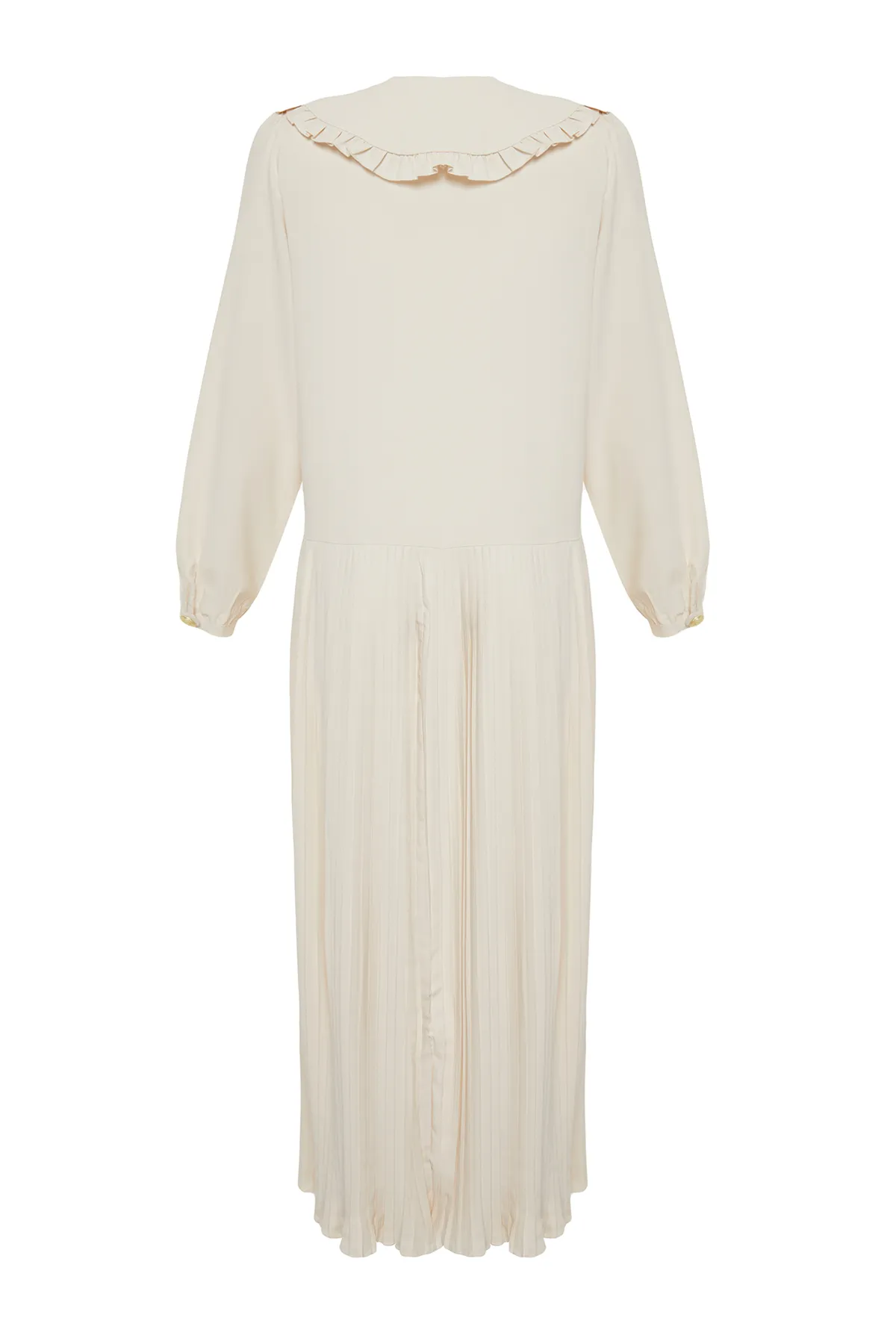Trendyol Modest  Beiges plissiertes Kleid aus Webstoff mit Babykragen und goldenen Knöpfen TCTSS24EB00196