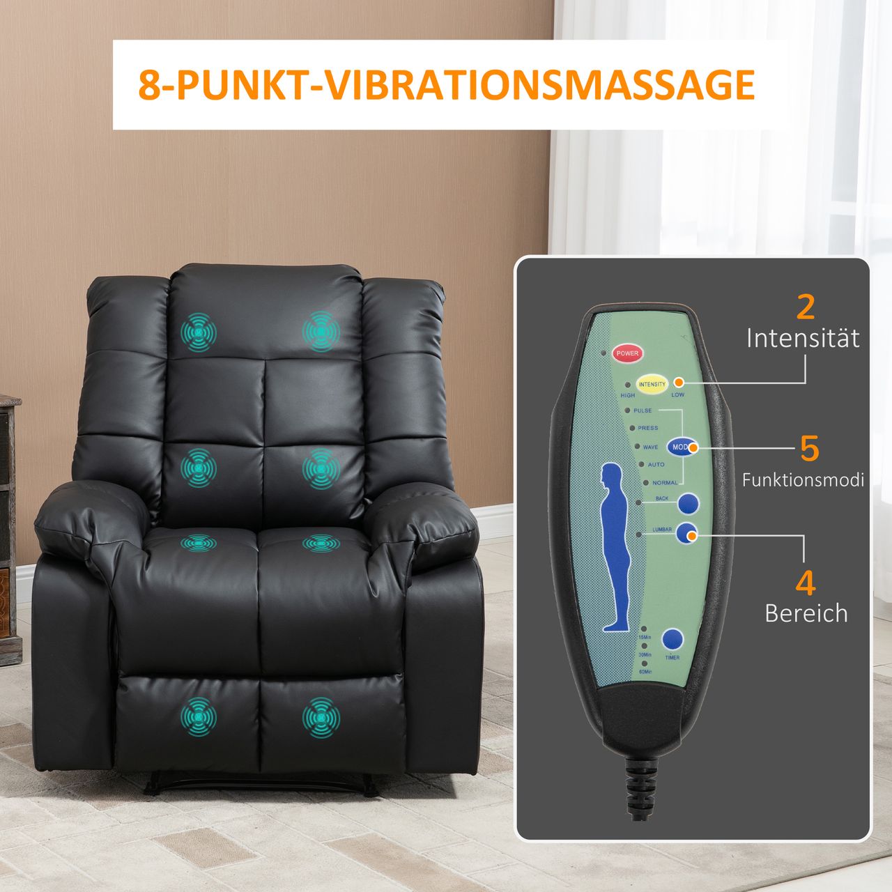 HOMCOM Massagesessel Elektrisch Fernsehsessel mit Liegefunktion 8 Massagepunkte