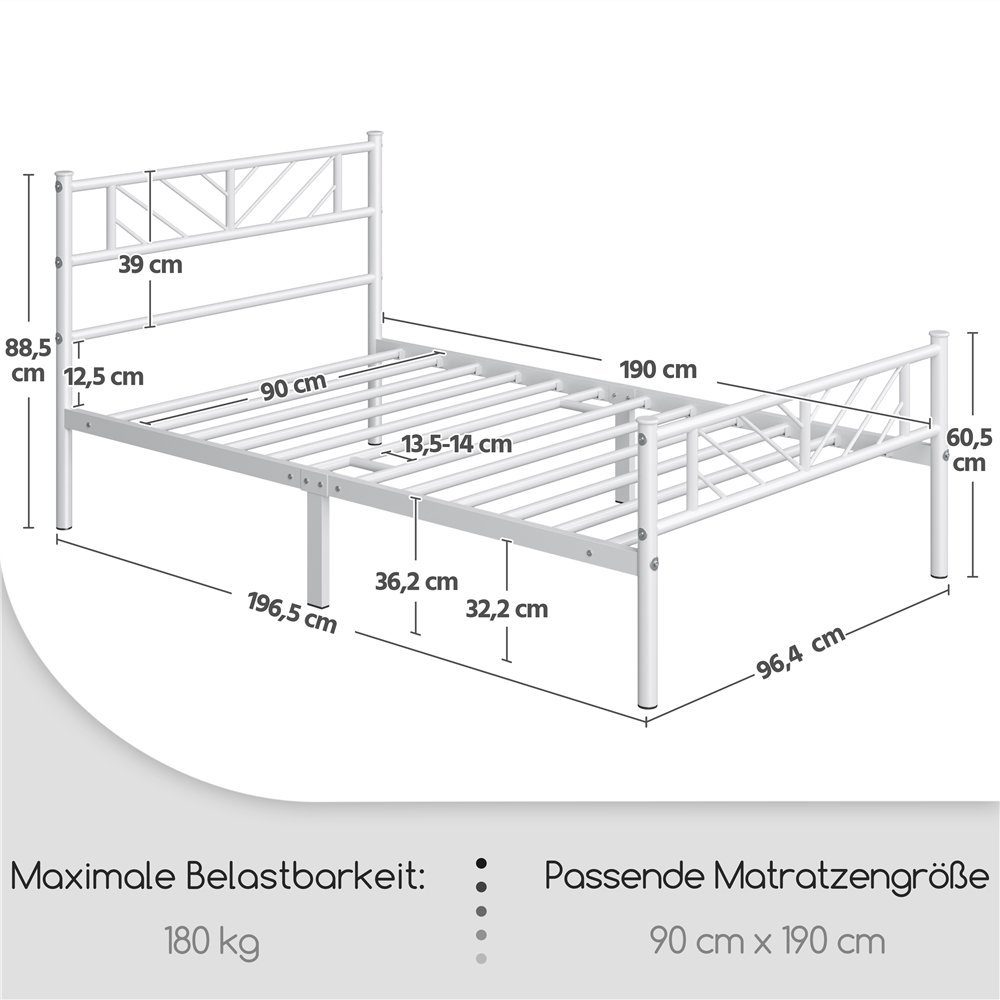 Yaheetech Metallbett, Minimalistischer Bettrahmen mit Kopfteil Gästebett mit Lattenrost