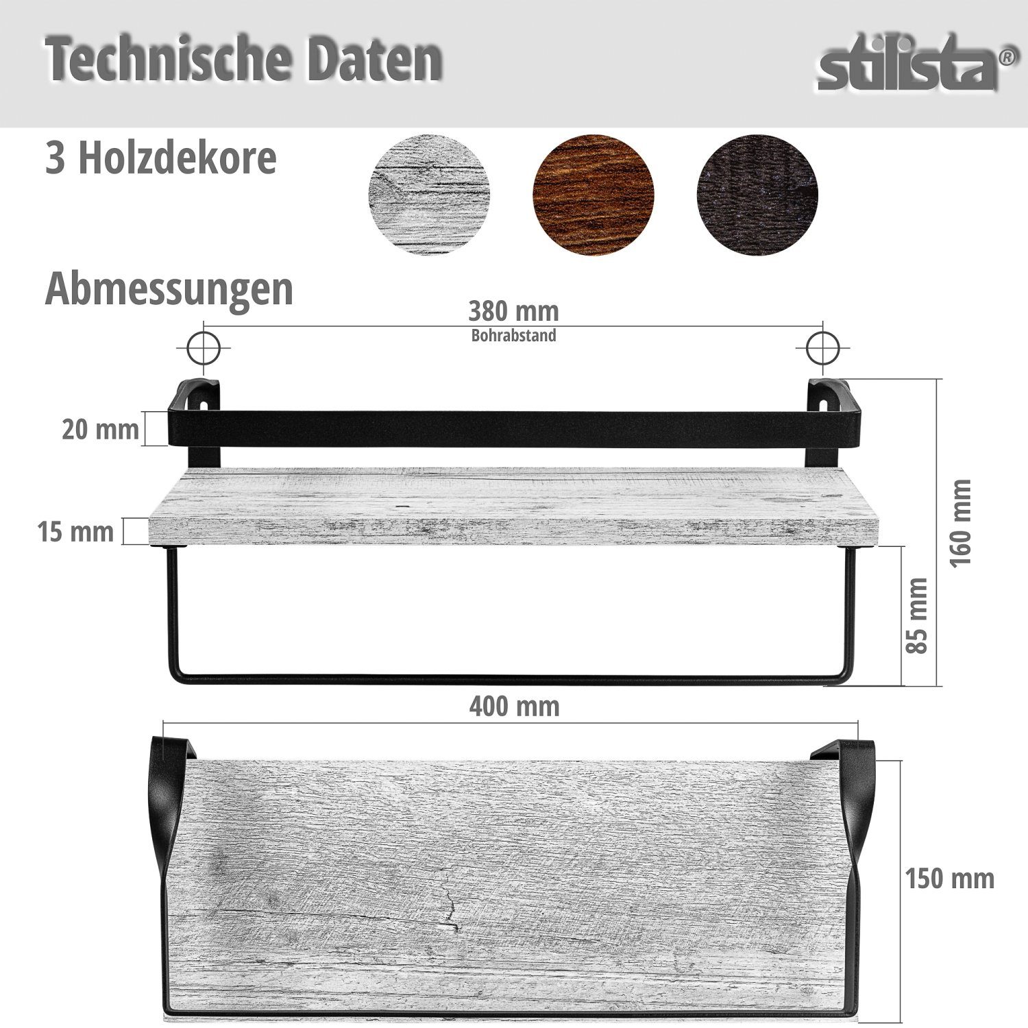 STILISTA Wandregal Küchenregal Wandboard Schweberegal Badregal, Set, Hängeregal, Volato Duo, 2er Set, mit Handtuchalter, Farbwahl