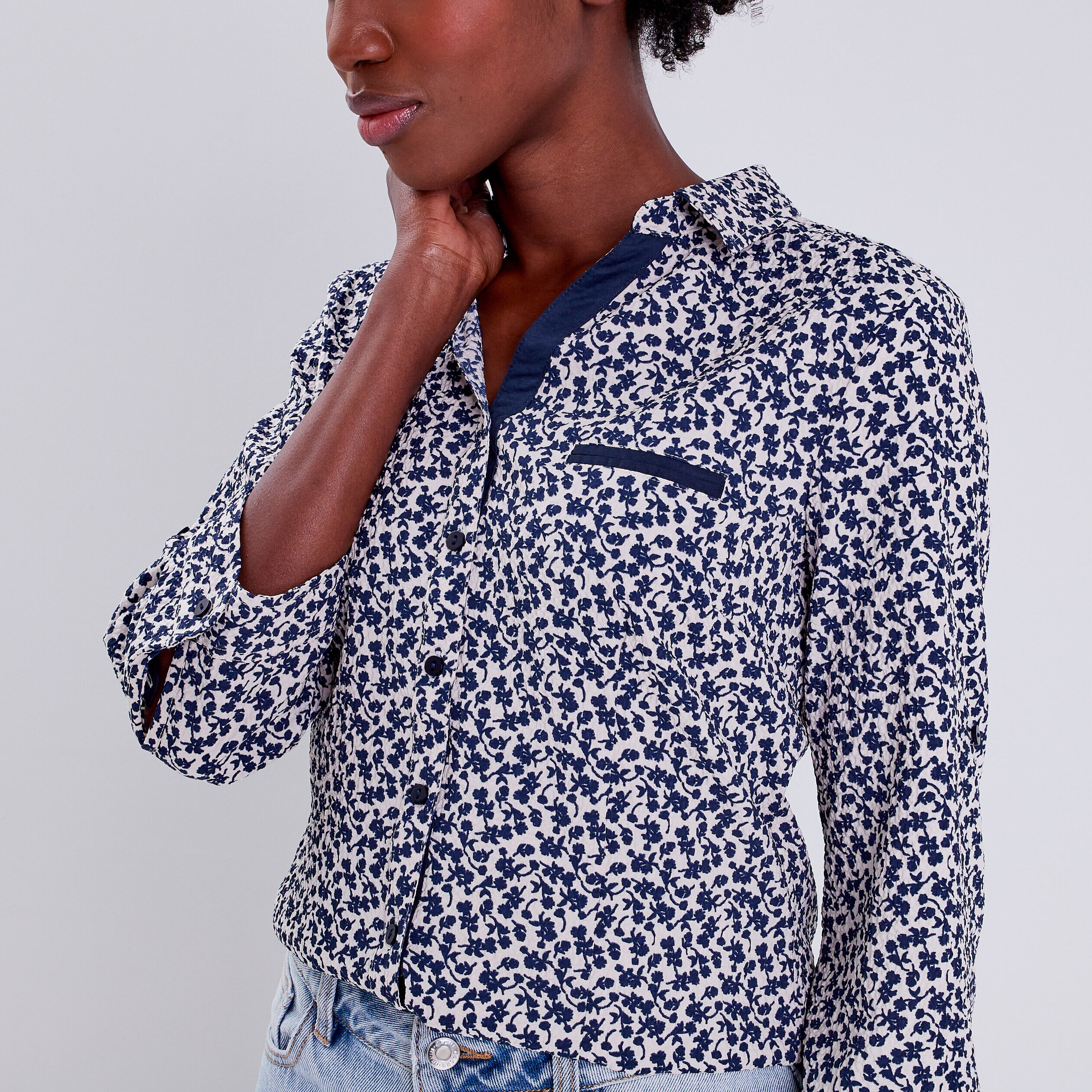 Blouse manches 3/4 bleu marine femme | Cache Cache