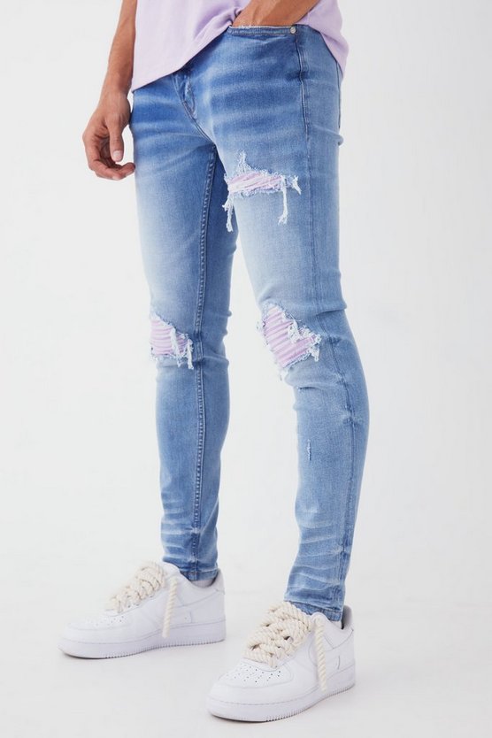 Lila Skinny Stretch PU Bikerjeans mit Rissen