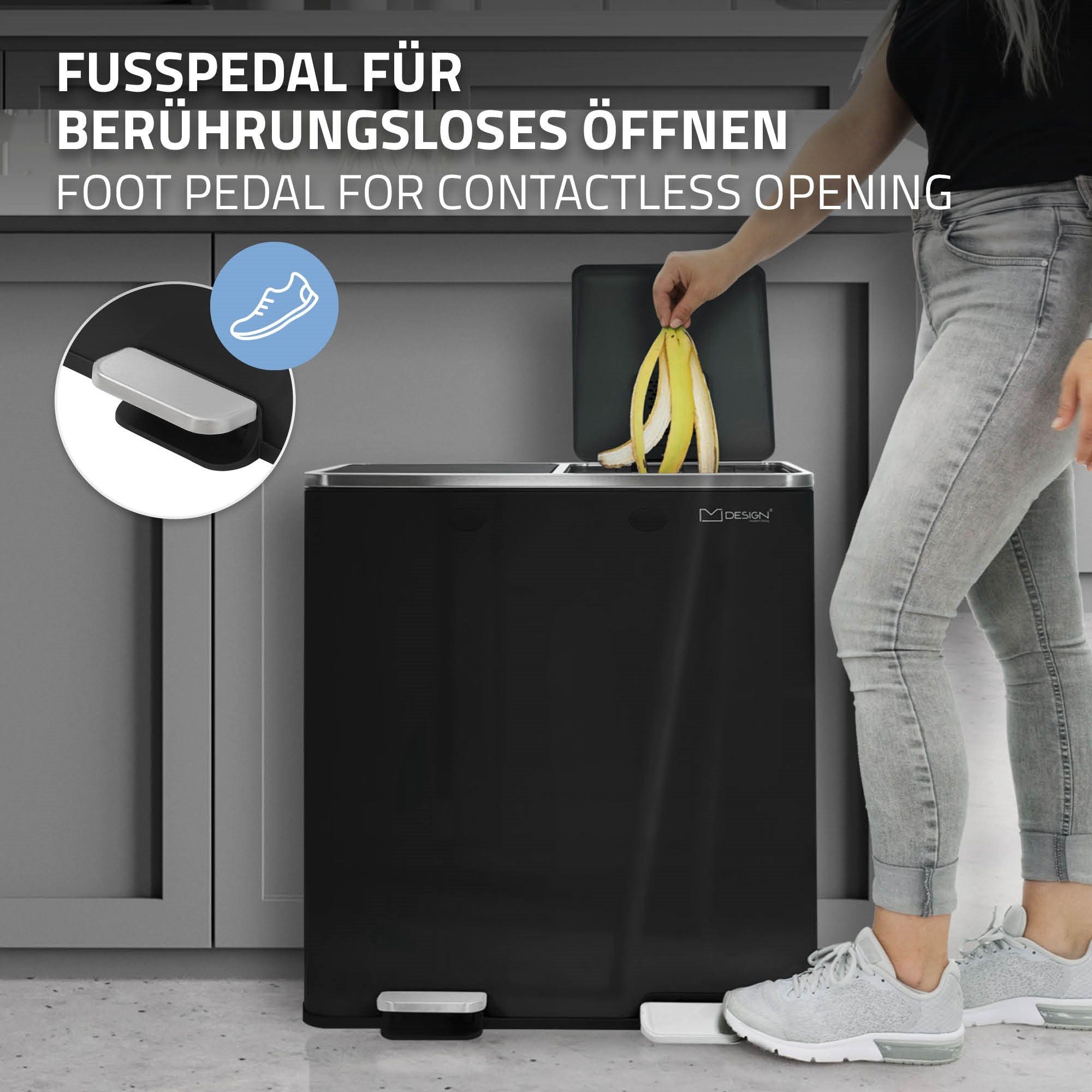 ML-DESIGN Mülleimer Mülltrennsystem Treteimer Abfalleimer, 2x30L Schwarz Edelstahl Inneneimer Klappdeckel Softclose luftdicht
