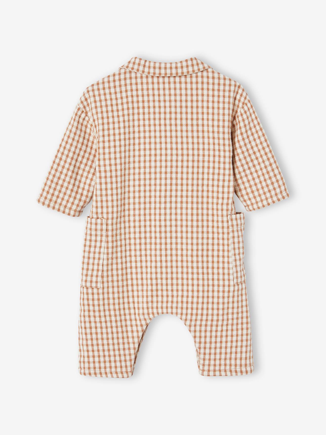 Combinaison en gaze de coton bébé doublée carreaux marron
