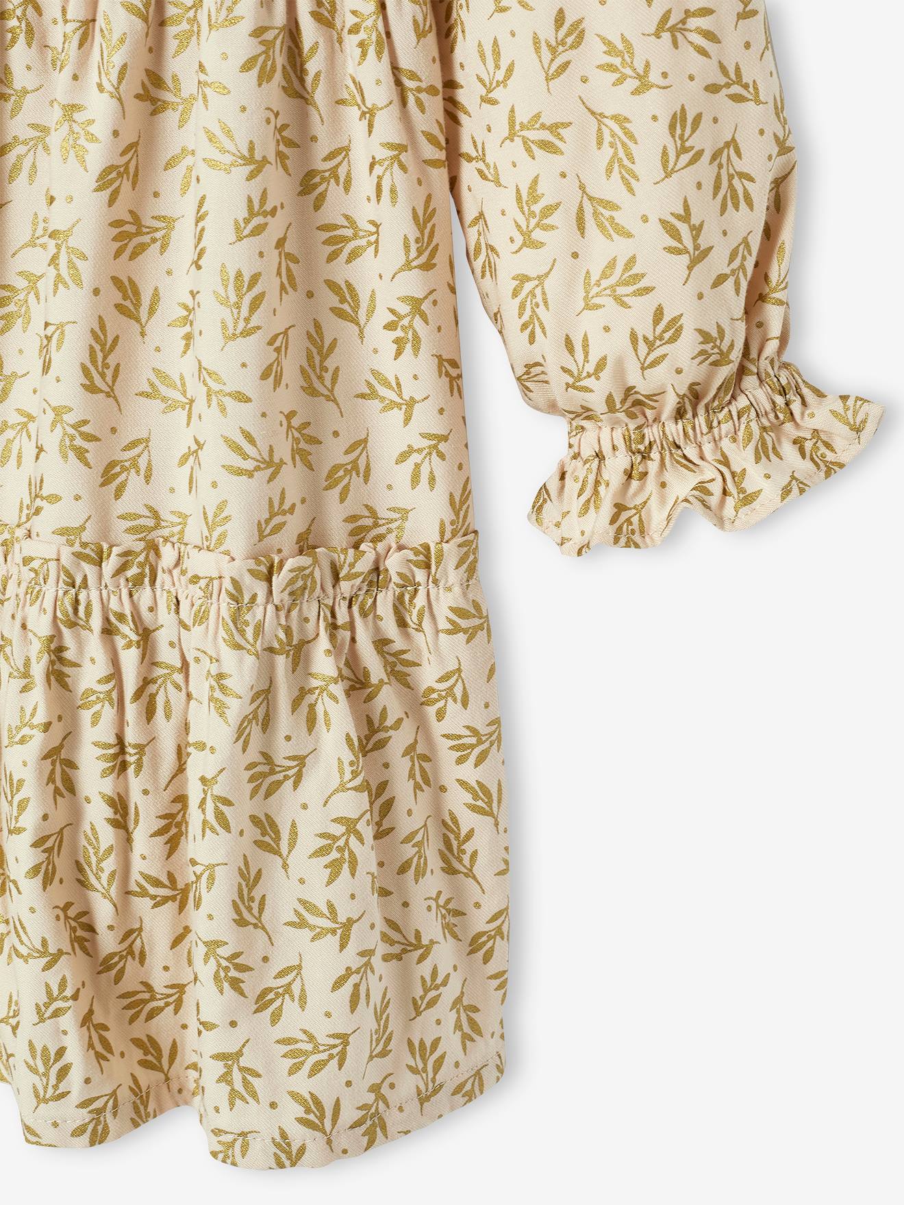 Robe de fête à volants fille motifs houx beige poudré