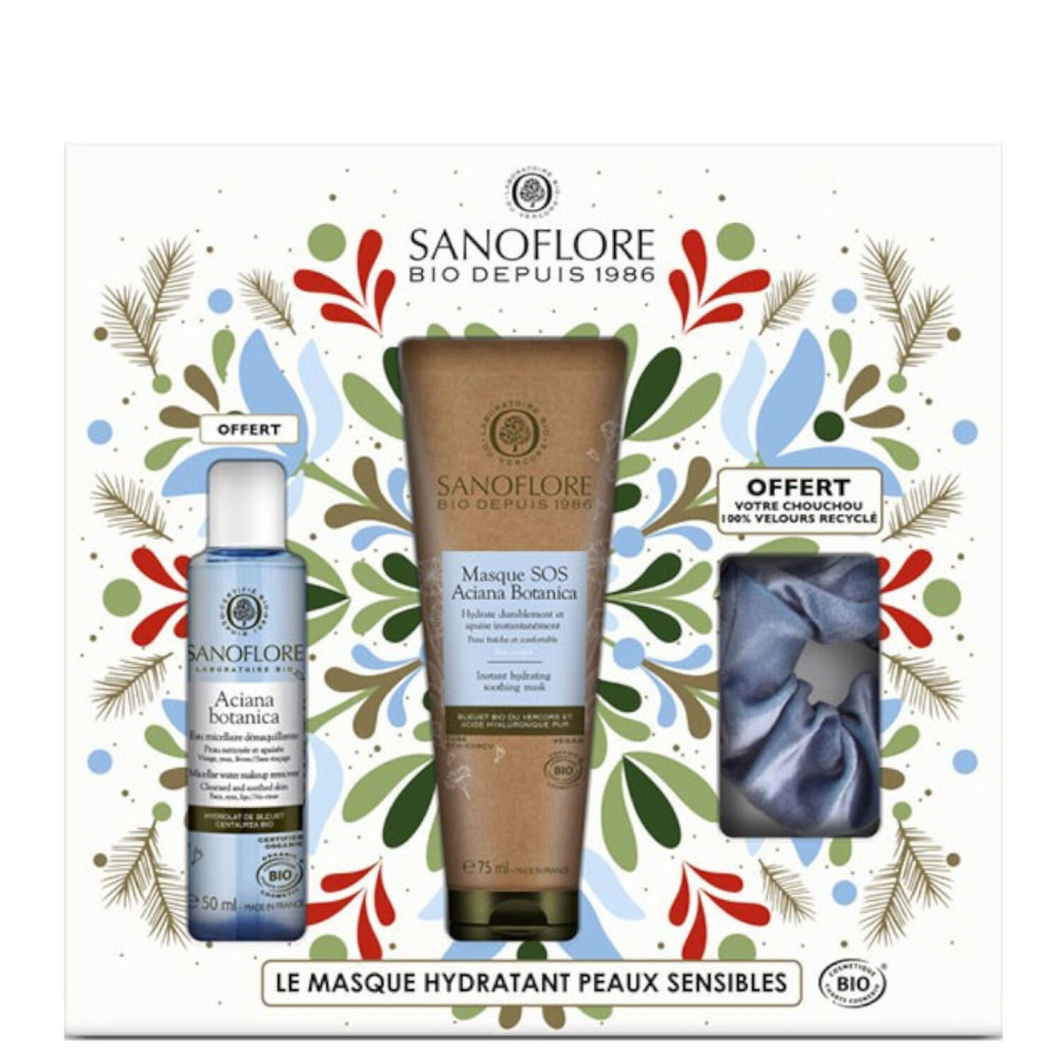 Sanoflore Aciana Botanica Coffret Noël Masque Hydratant 75 ml + Eau Micellaire Démaquillante 50 ml + Chouchou