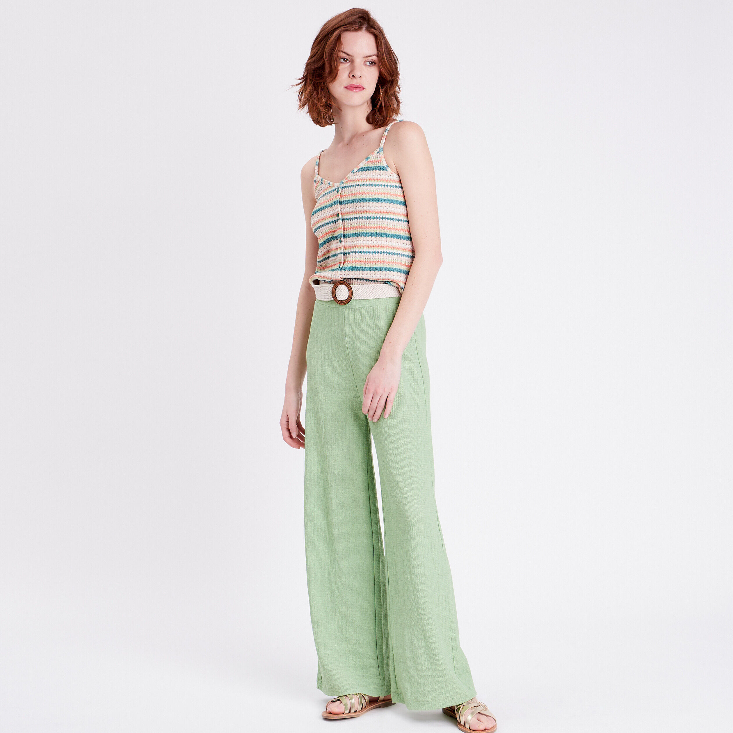 Pantalon large ceinturé vert clair femme | Cache Cache
