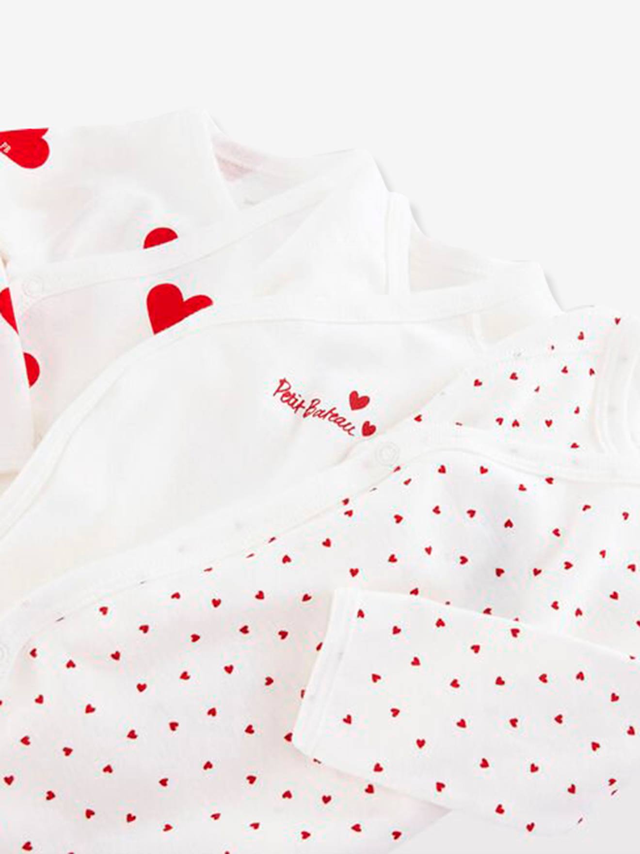 Lot de 3 bodies croisés manches longues coeurs bébé naissance en coton bio PETIT BATEAU blanc