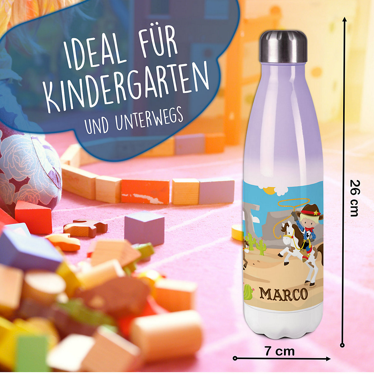 Edelstahl Kinder Thermoflasche / Trinkflasche bunt Cowboy Spülmaschinenfest, Auslaufsicher, Bruchfest, Doppelwandig, Für Heißgetränke geeignet, Mit Deckel, Isoliert