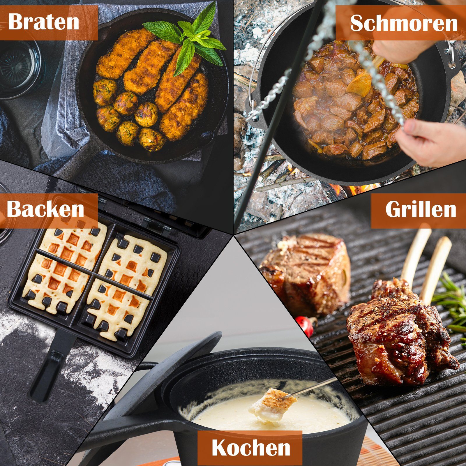 UISEBRT Feuertopf 12-teilig Dutch Oven Set in Holzkiste, mit viel Zubehör