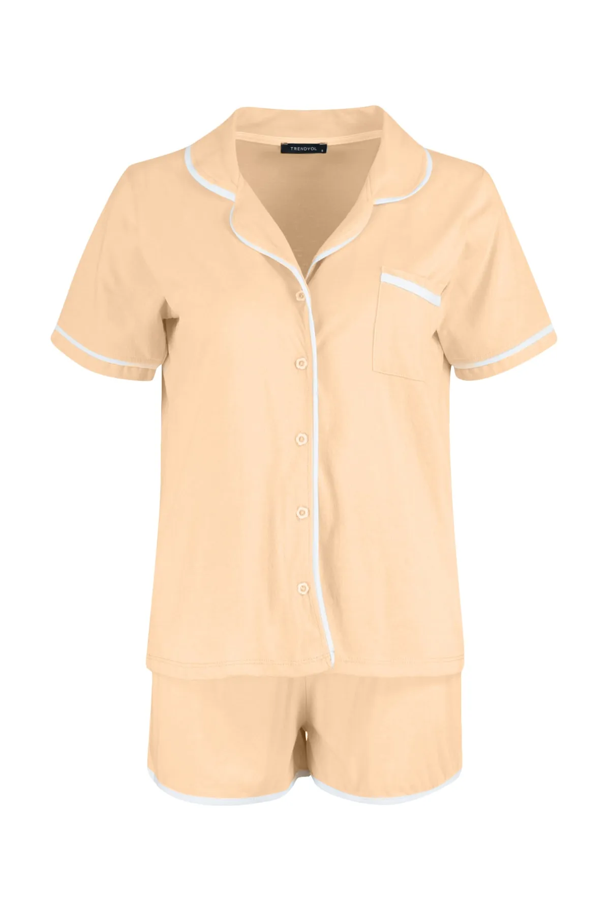 Trendyol Collection  Lachsfarbenes, gestricktes Pyjama-Set aus Hemd und Shorts aus 100 % Baumwolle mit Paspelierung THMSS20PT0406