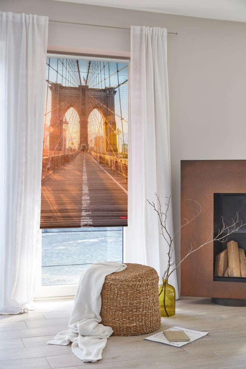 Lichtblick Rollo Klemmfix, ohne Bohren, blickdicht, Brooklyn Bridge - Orange, 90 x 150 cm (B x L)