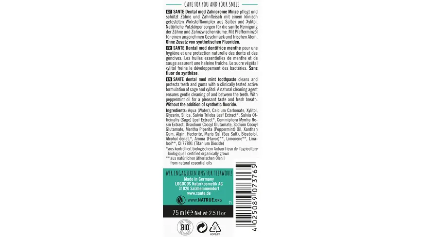 SANTE Dental med Zahncreme Minze 75 ml
