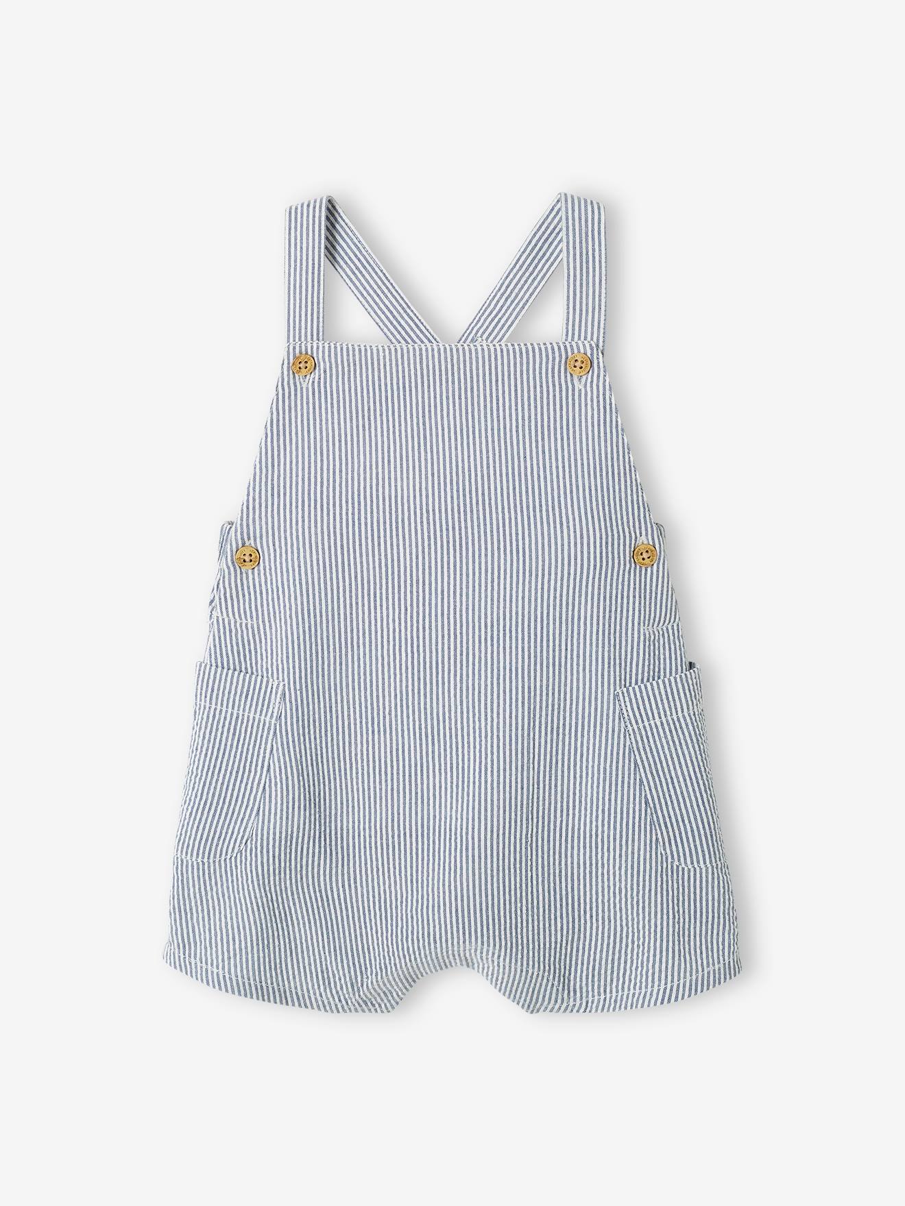 Salopette courte bébé en seersucker bleu