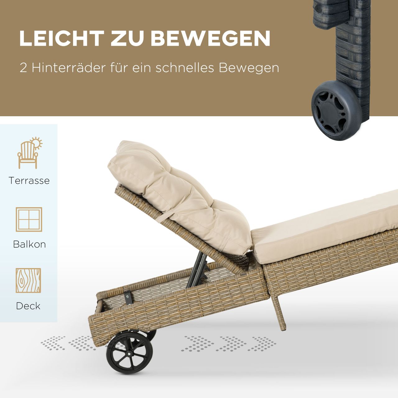 Outsunny Polyrattan Sonnenliege Gartenliege mit Rollen Kissen 4-stufig verstellbar Rattanliege Gartenmöbel Liege Stahl Natur Khaki 200 x 66 x 92 cm