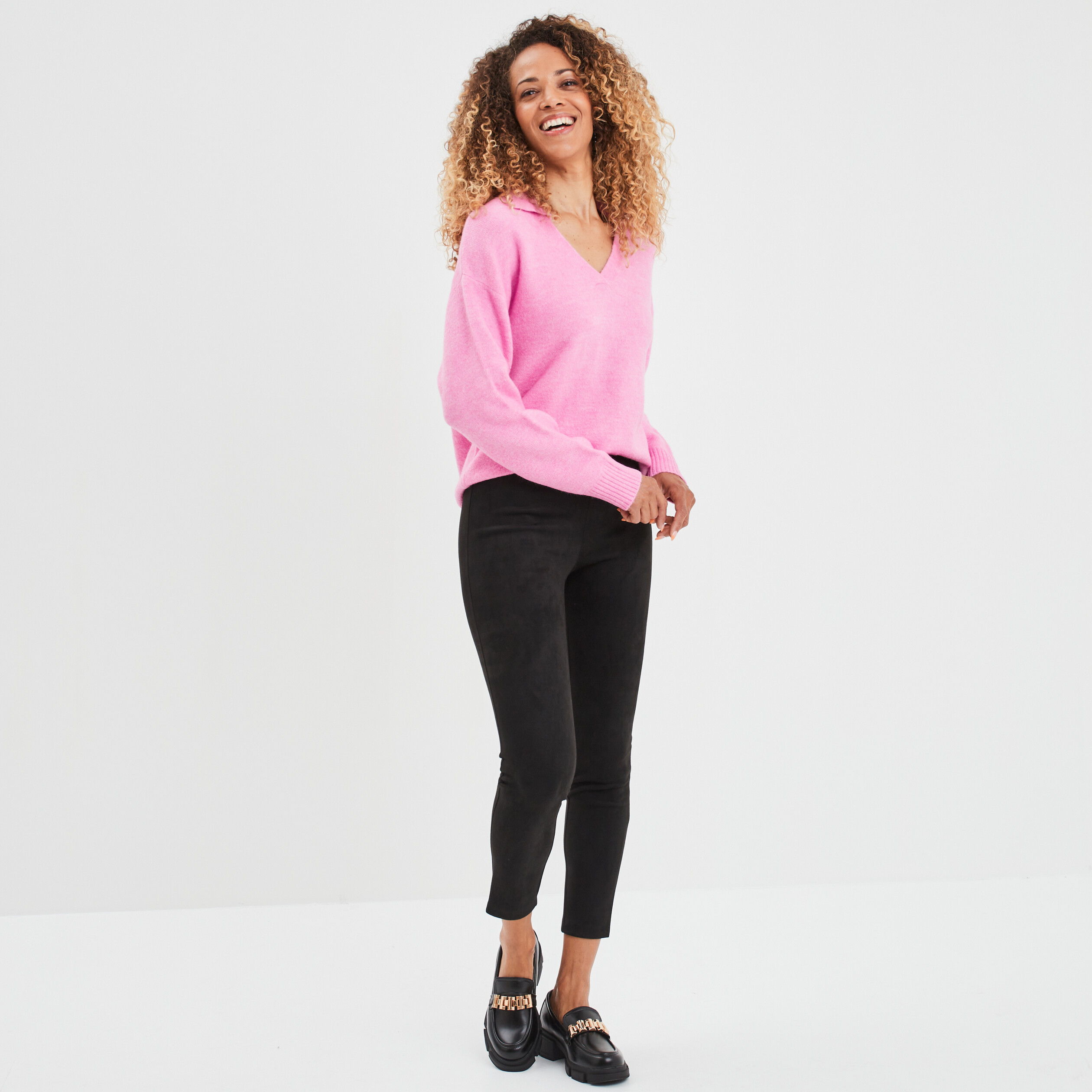 Pull col polo manches longues rose femme | La Halle
