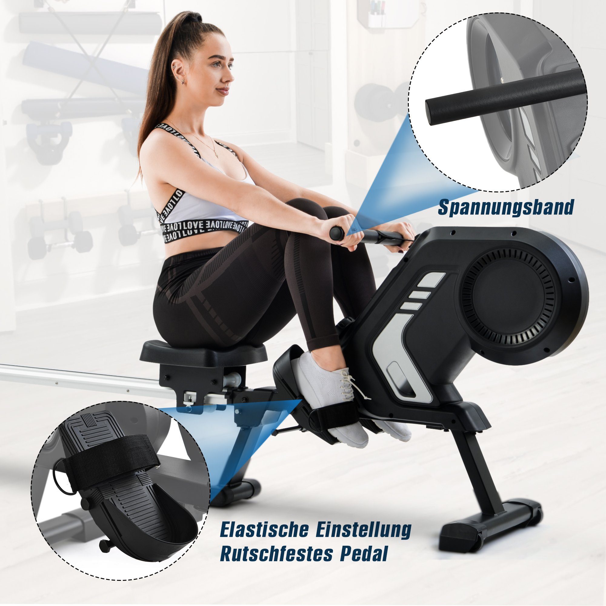 Fangqi Rudergerät 8 Stufen Magnetwiderstand, rutschfesten Pedalen und Transporträdern, LCD-Display