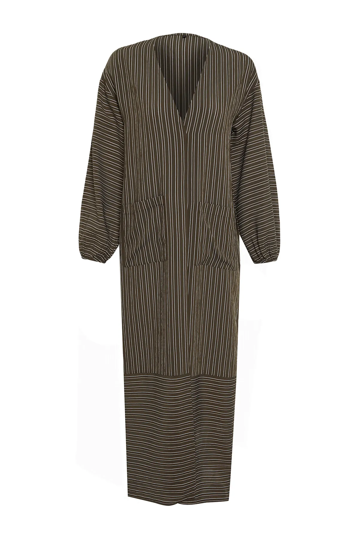 Trendyol Modest  Khakifarbene lange, gestreifte, gewebte Mütze in Leinenoptik & Ferace & Abaya TCTSS24KF00003