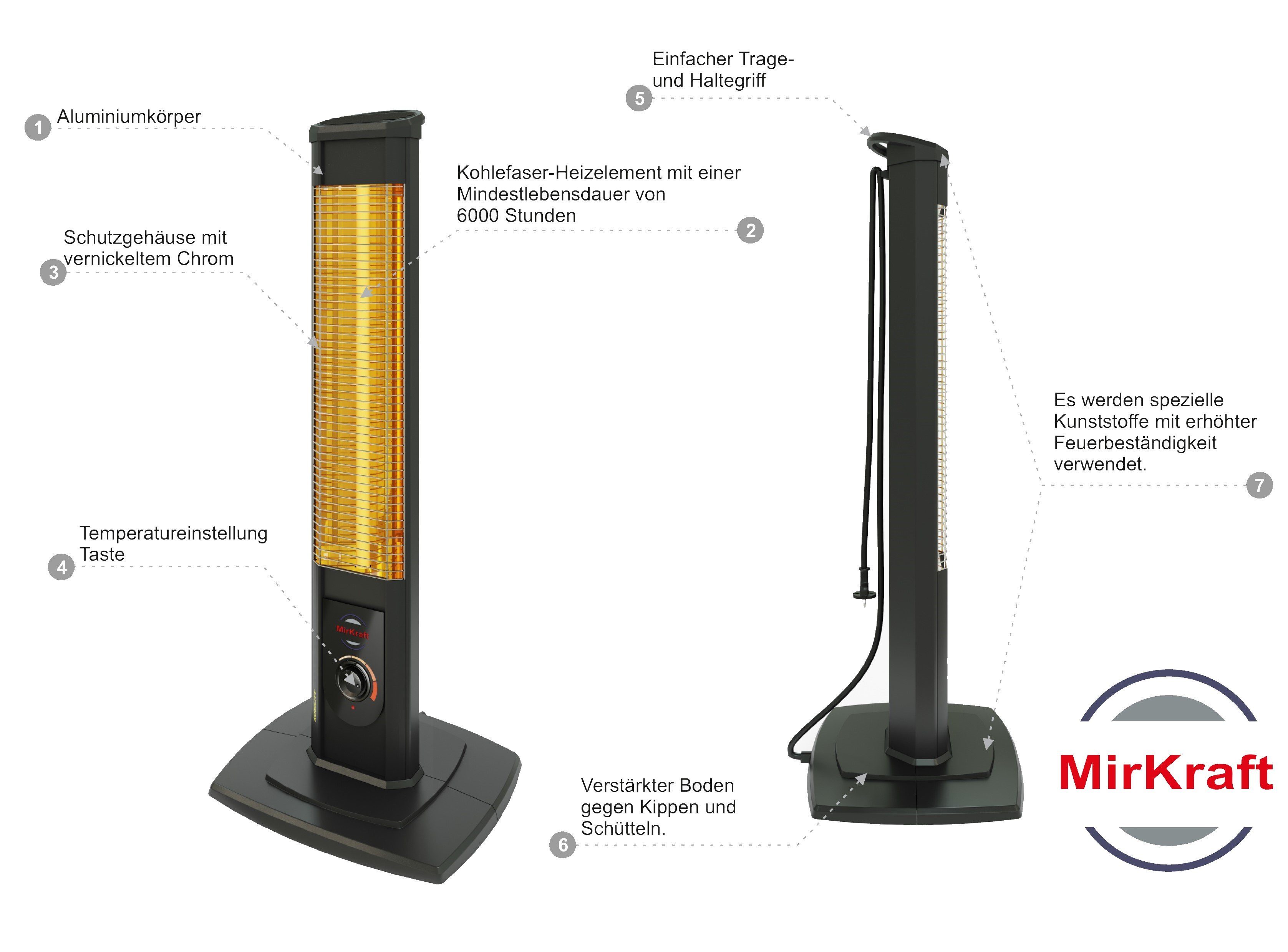 MirKraft Heizstrahler Nobility Standheizstrahler 2500 W Terrassenstrahler infrarot heizstrahler terrasse heizgerät, heizstrahler terrasse,heizstrahler elektrisch, Carbon Infrarotstrahler,Zeltheizer, Sofortwärme für einen Bereich von ca. 35 m²