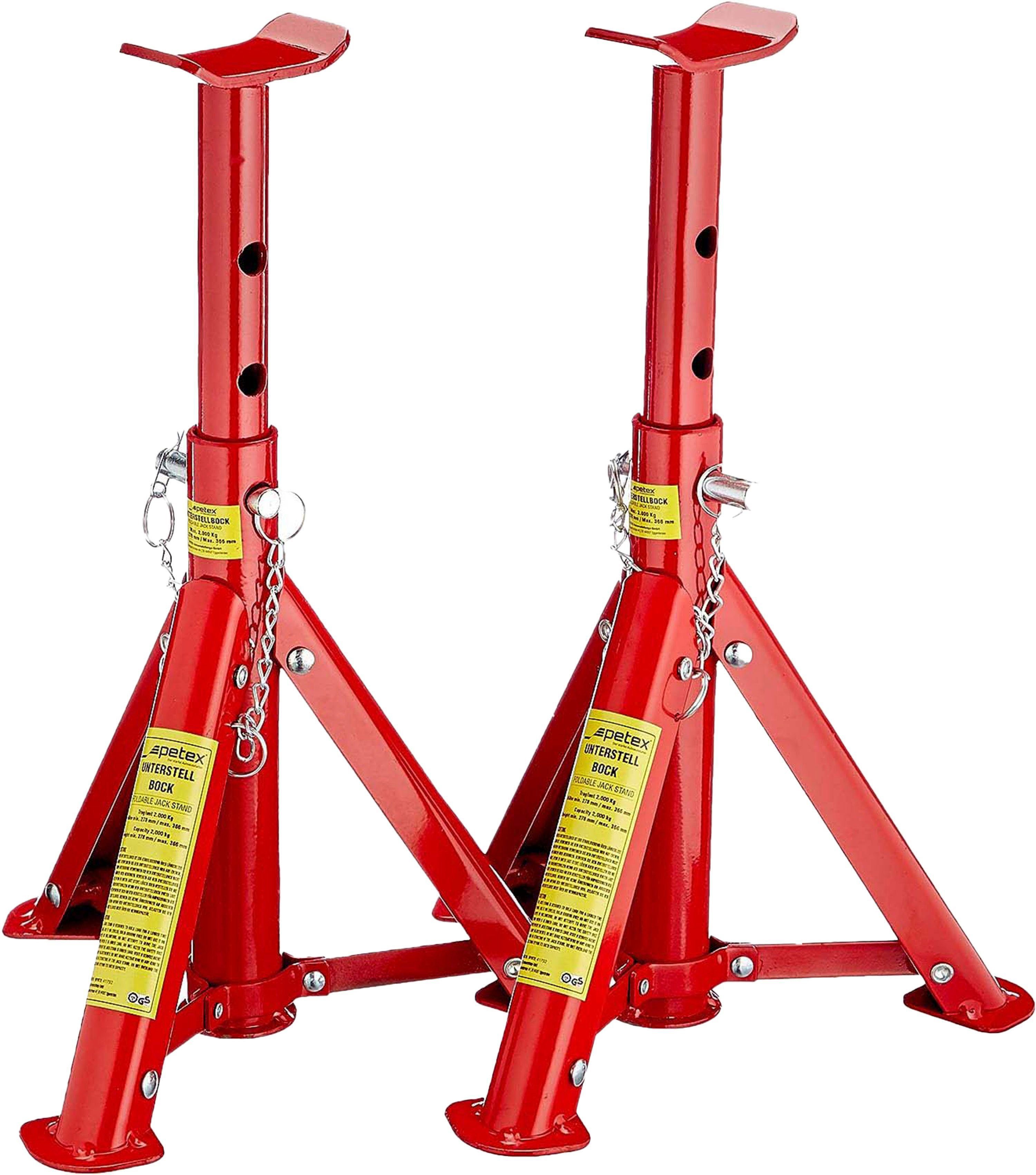 Petex Unterstellbock mit Sicherungssplint, höhenverstellbar und faltbar, 2er Set, Tragkraft: 2 Tonnen, rot
