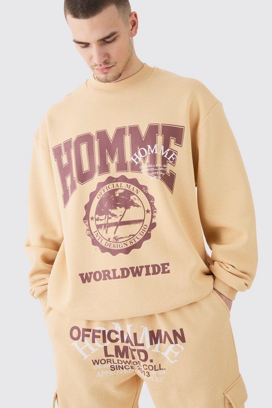 Tall Oversize Sweatshirt-Trainingsanzug mit Homme Worldwide Print