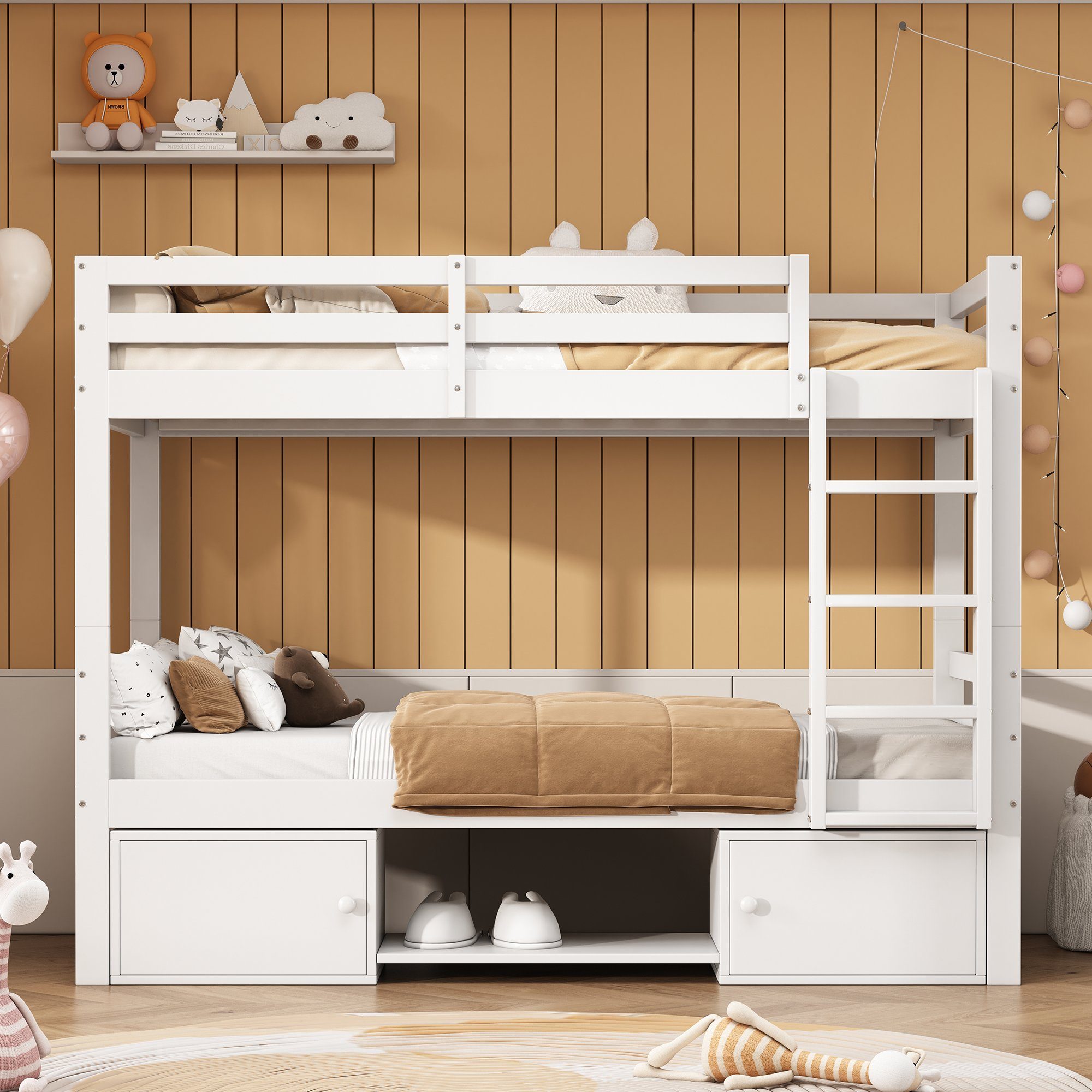 OKWISH Etagenbett Holzbett Tagesbett (Kinderbett mit Schuhregale und Schließfächer, Bett aufgeteilt in 2 Einzelbetten, Jugendbett, Einzelbett 90x200cm), ohne Matratze