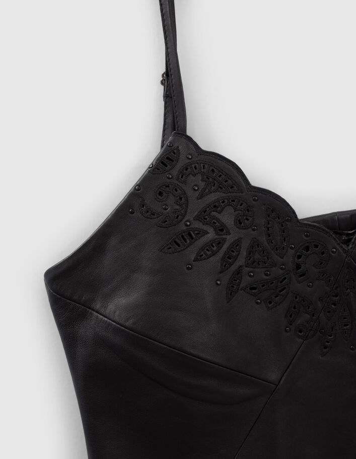 Top fines bretelles noir en cuir brodé Femme
