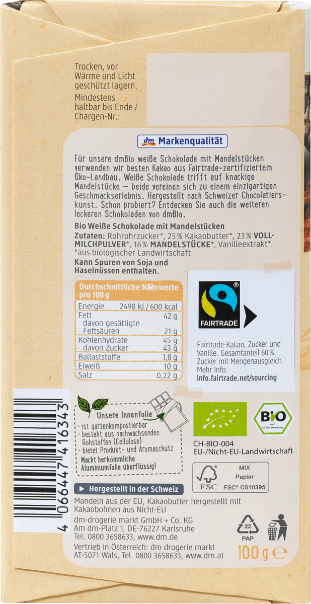 Schokolade, weiß mit Mandelstücken, 100 g