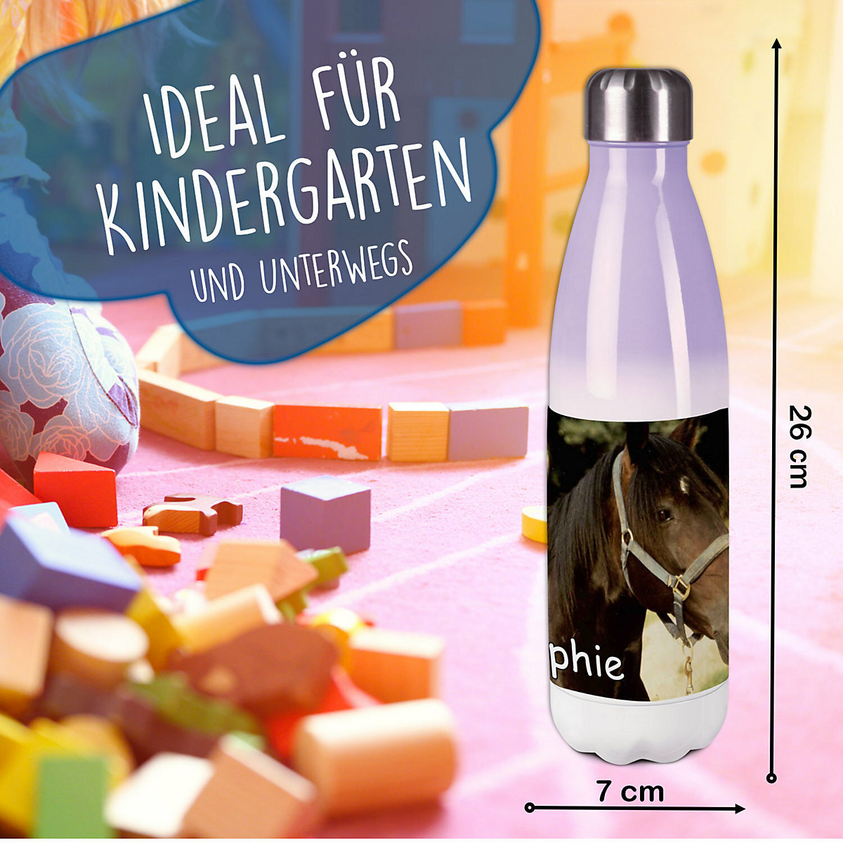 Edelstahl Kinder Thermoflasche / Trinkflasche bunt Pferd Orignial Spülmaschinenfest, Auslaufsicher, Bruchfest, Doppelwandig, Für Heißgetränke geeignet, Mit Deckel, Isoliert