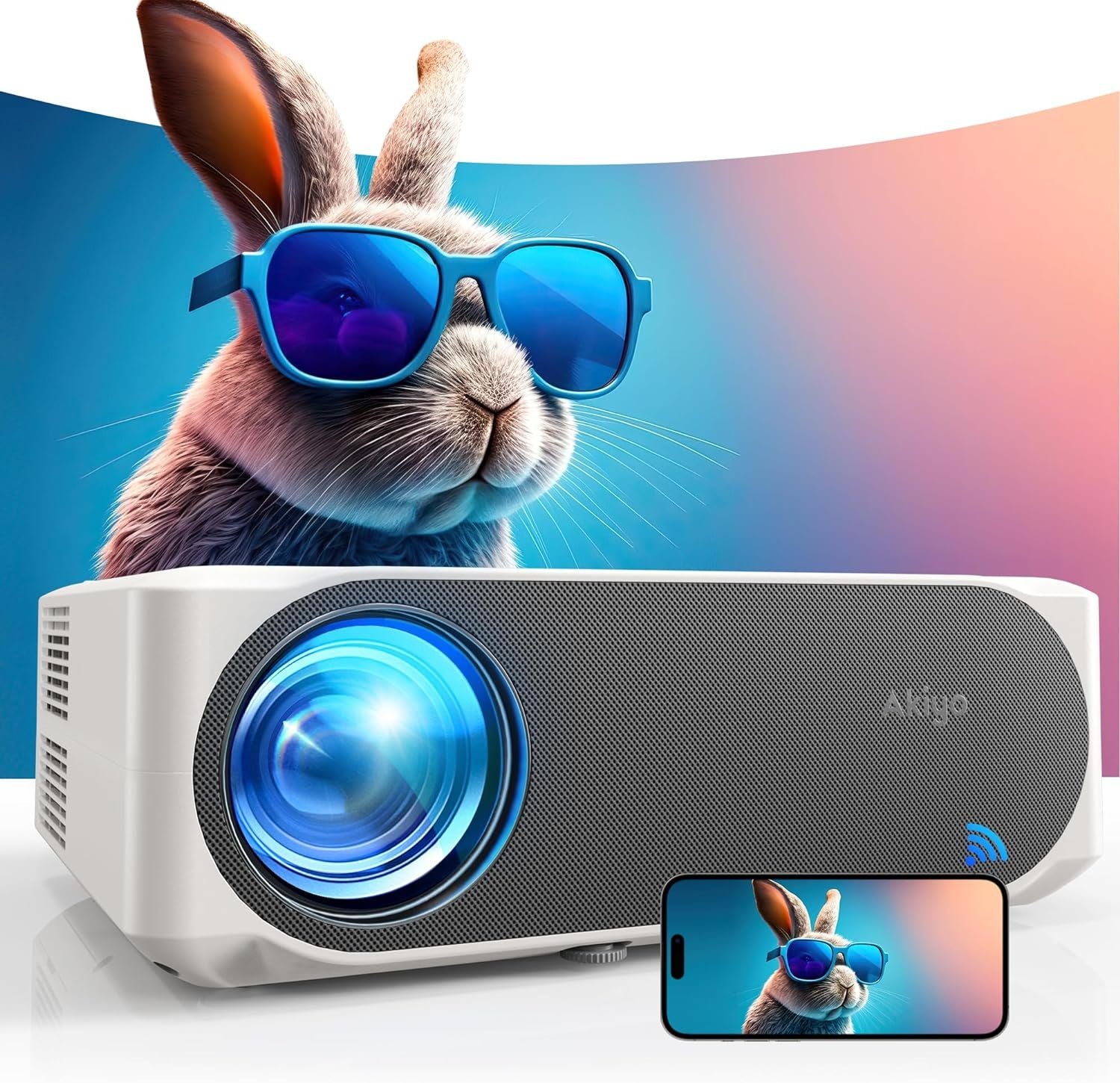 AKIYO Portabler Projektor (20000 lm, 12.000:1, 1080P px, 4K Unterstützung, Heimkino Video Beamer Maximal 300“ Display Projektor)