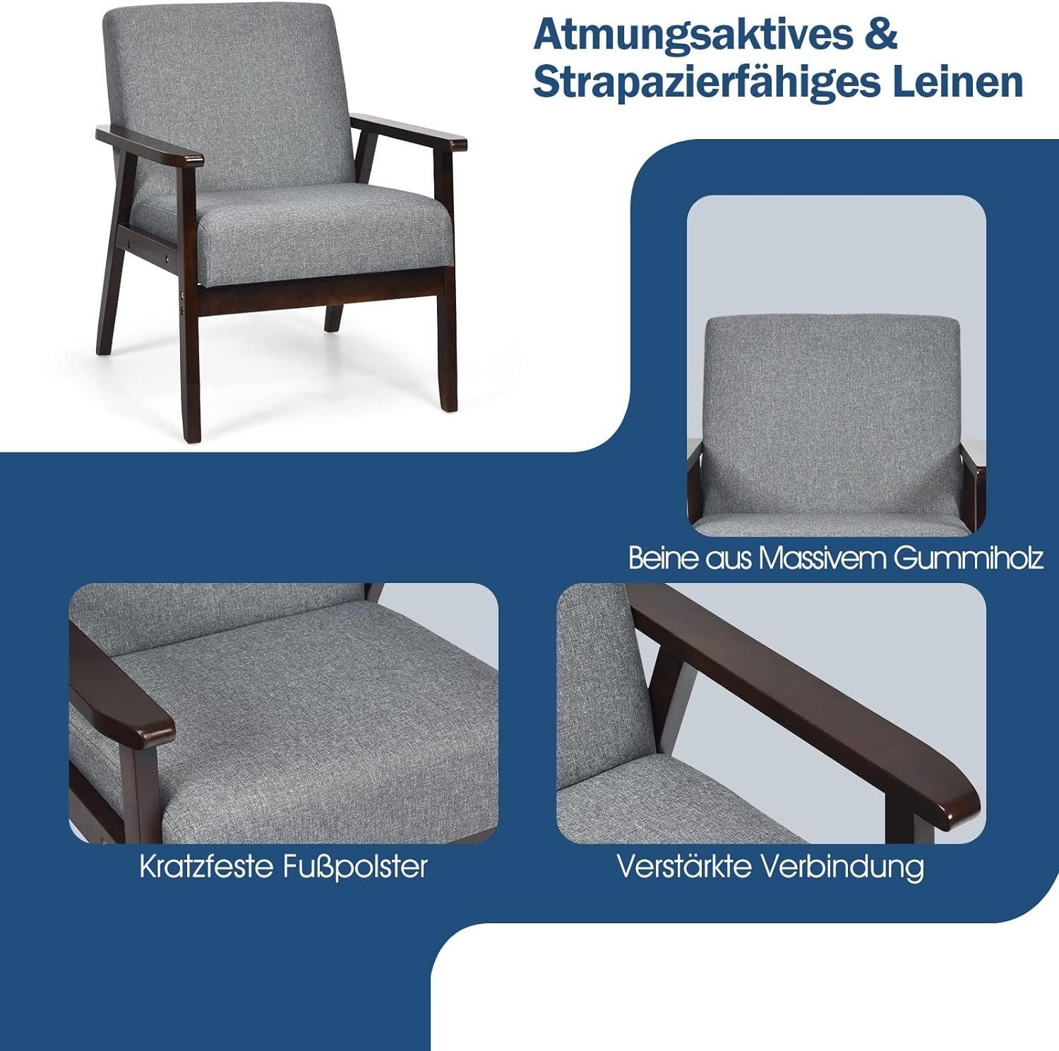 KOMFOTTEU Polsterstuhl Loungesessel, aus Gummiholz,(Grau)