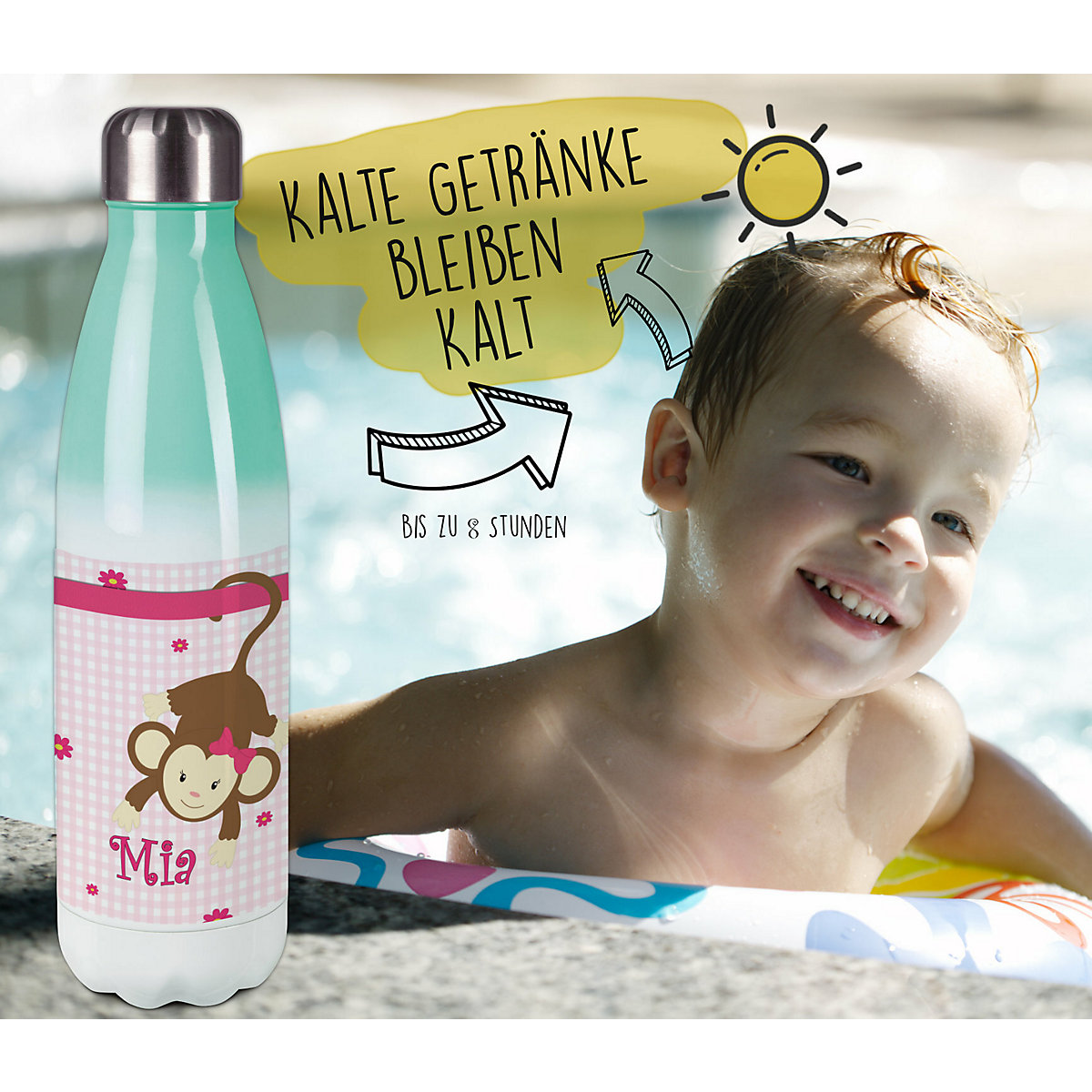 Edelstahl Kinder Thermoflasche / Trinkflasche bunt Affe hängend Farbe rosa Spülmaschinenfest, Auslaufsicher, Bruchfest, Doppelwandig, Für Heißgetränke geeignet, Mit Deckel, Isoliert
