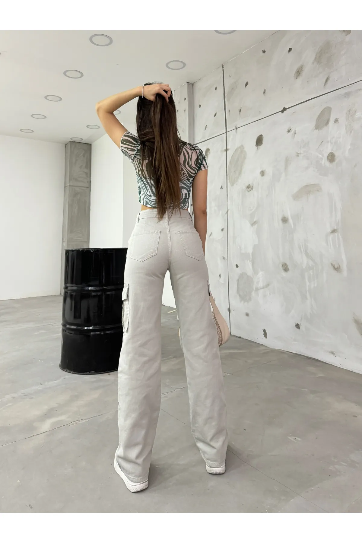 BİKELİFE  Steinige Cargohose für Damen mit hoher Taille und weitem Bein