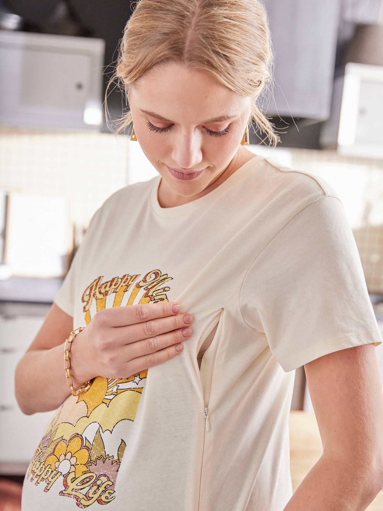 T-shirt motif Happy Mind grossesse et allaitement écru