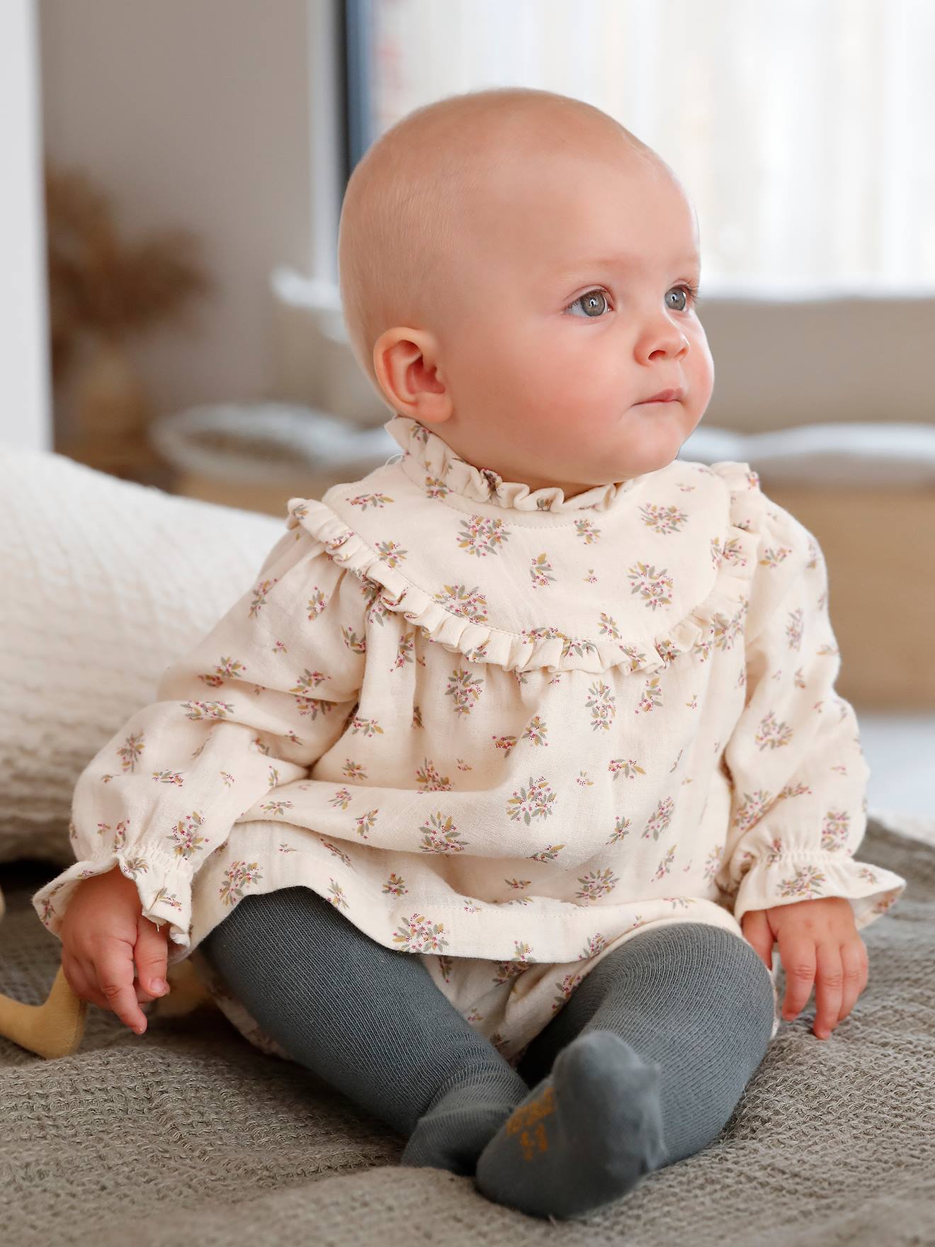 Robe en gaze de coton bébé avec bloomer beige imprimé