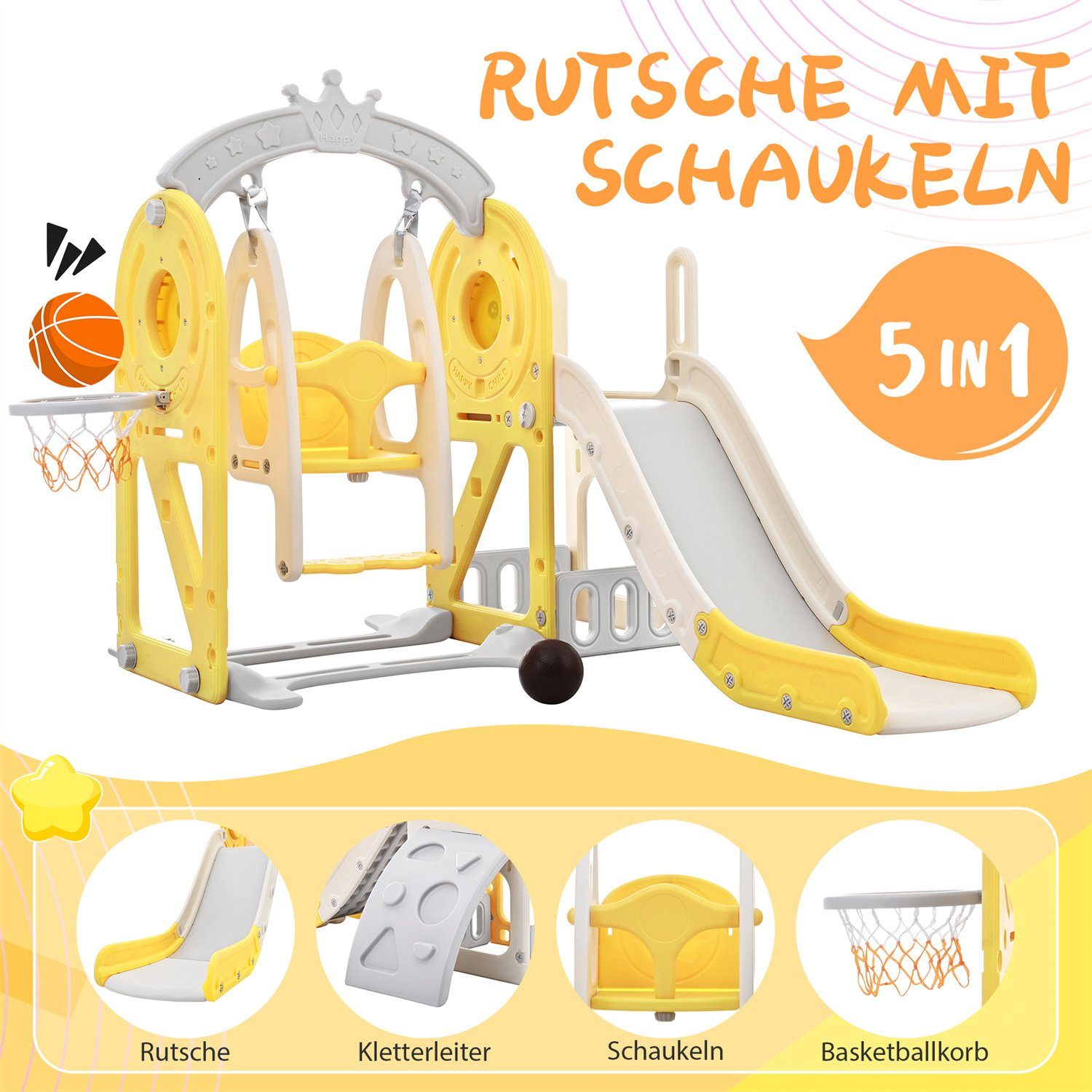 Fangqi Indoor-Rutsche 5 in 1 Kinderrutsche und Kletterspielzeug, Kinderspielzeug,Unisex, (Kinderrutsche, Klettern, Aufbewahrung, Schaukel, Basketballkorb. Hergestellt aus HDPE. Mit Cartoon Bild)