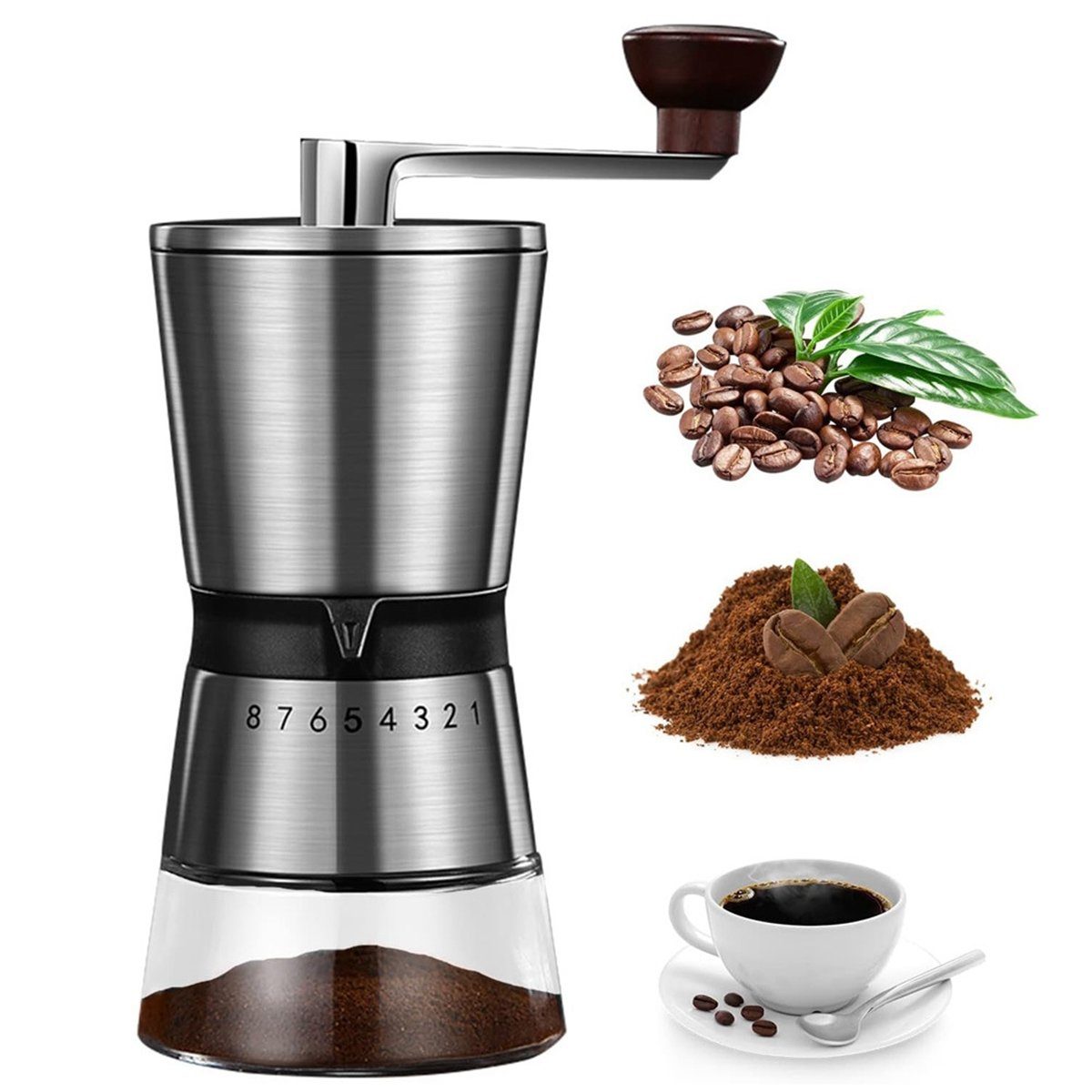 Hikeren Kaffeemühle Manuell/Hand mit Keramikmahlwerk,Espressomühle mit 8 Mahlstufen