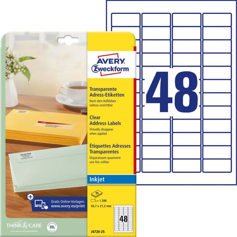 AVERY Zweckform Abziehhilfe QuickPEEL Adressetiketten J4720-25 Selbsthaftend DIN A4 Transparent 45,7 x 21,2 mm 25 Blatt à 48 Etiketten