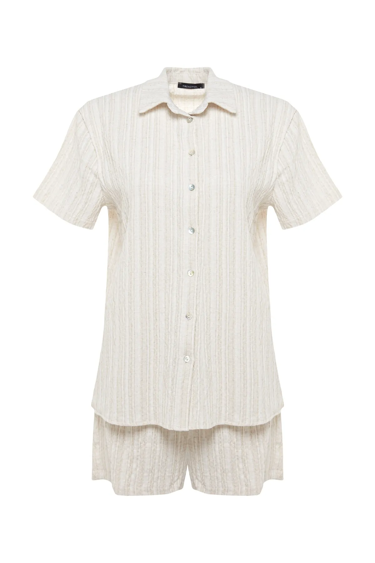 Trendyol Collection  Hemd-Shorts-Set aus gewebtem Leinengemisch in Ecru TBESS23AU00054