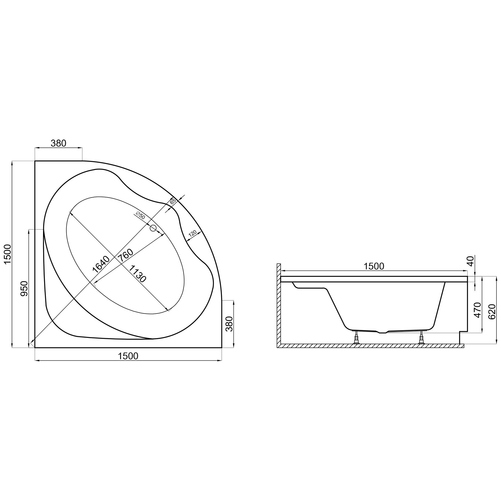 KOLMAN Badewanne Eckbadewanne Standard 150x150, Acrylschürze Styroporverkleidung, Ablauf VIEGA & Füße GRATIS