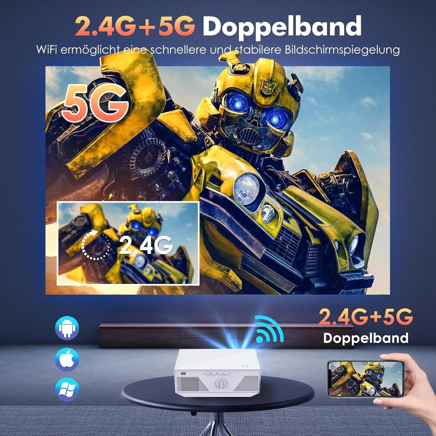 Wielio Mini Beamer WiFi Bluetooth Outdoor/Home Video Portabler Projektor (12000 lm, 1920x1080P px, 4K Wireless Home Display 300 Zoll, kompatibel mit iOS/Android/TV Stick)