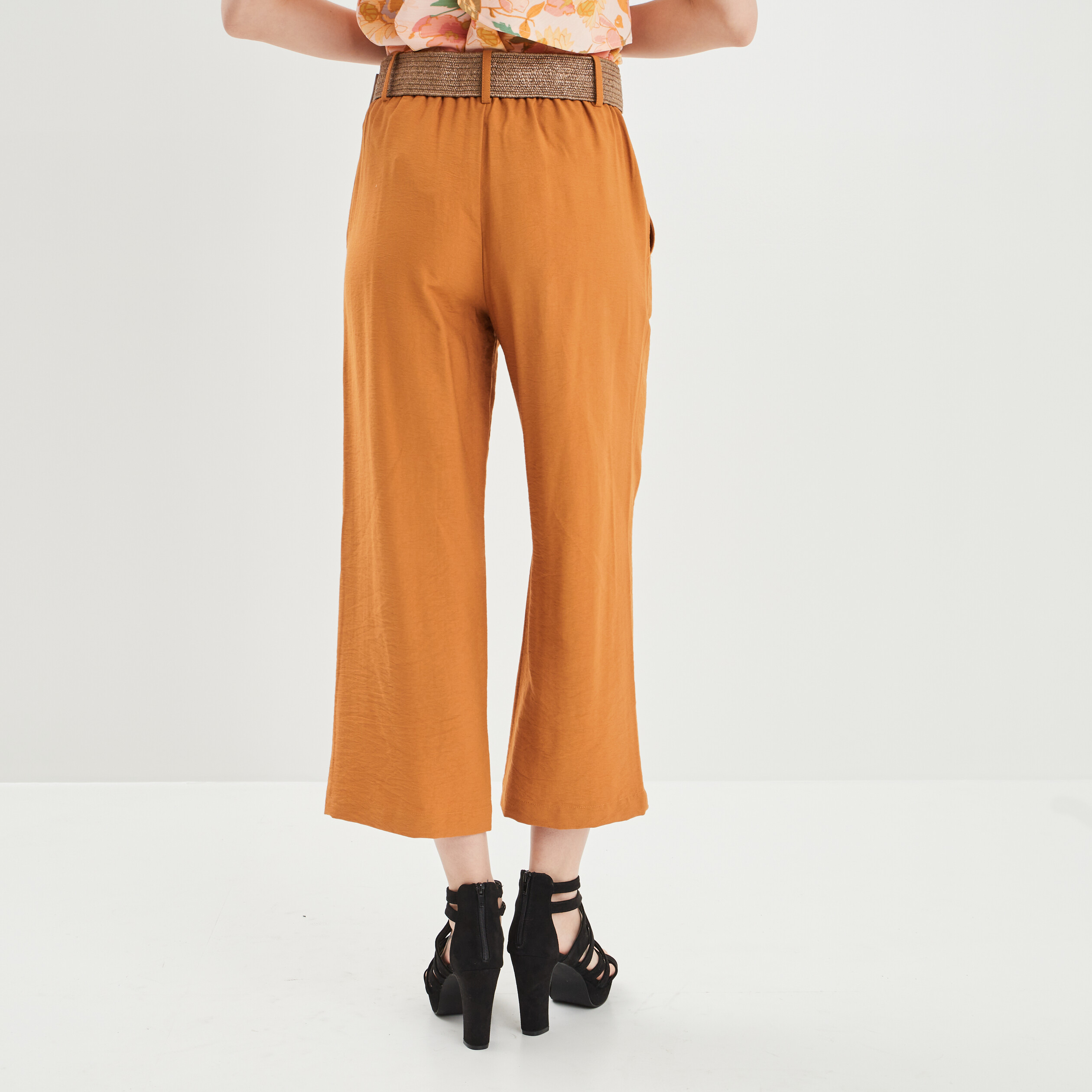 Pantalon large taille haute ceinturé marron cognac femme | La Halle