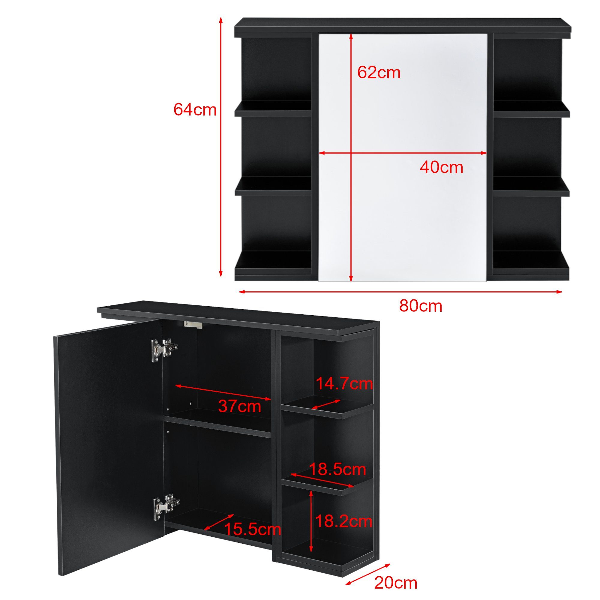 en.casa Badezimmerspiegelschrank Harstad Wandschrank mit verspiegelter Tür 64x80x20 cm Schwarz