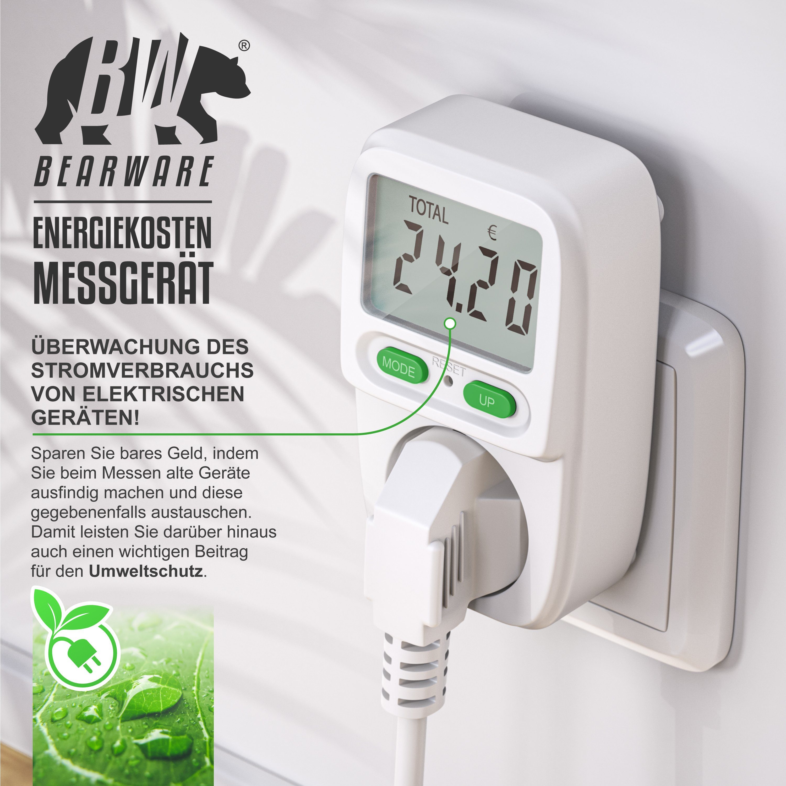 BEARWARE Energiekostenmessgerät, Stromkostenmessgerät, Stromverbrauchsmesser mit Kinderschutzsicherung